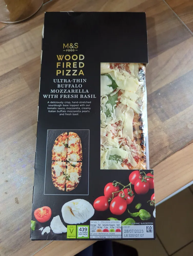 M&S Wood Fired Pizza Ultra Thin Buffalo Mozzarella with fresh basil