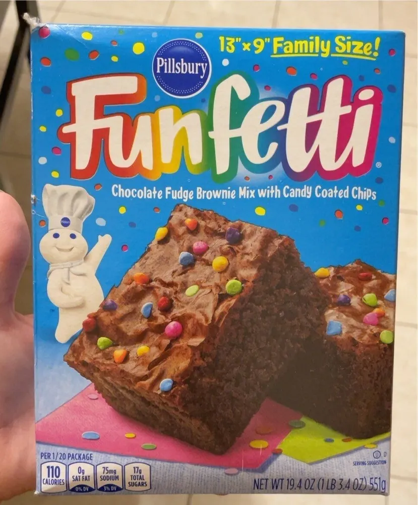 Funfetti  chocolate fudge brownie mix with candy coated chips