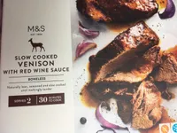 Slow cooked venison with red wine sauce