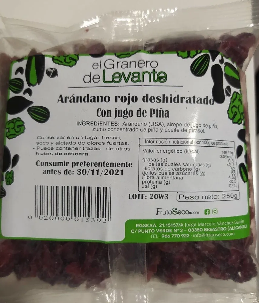 Arándano rojo deshidratado con jugo de piña