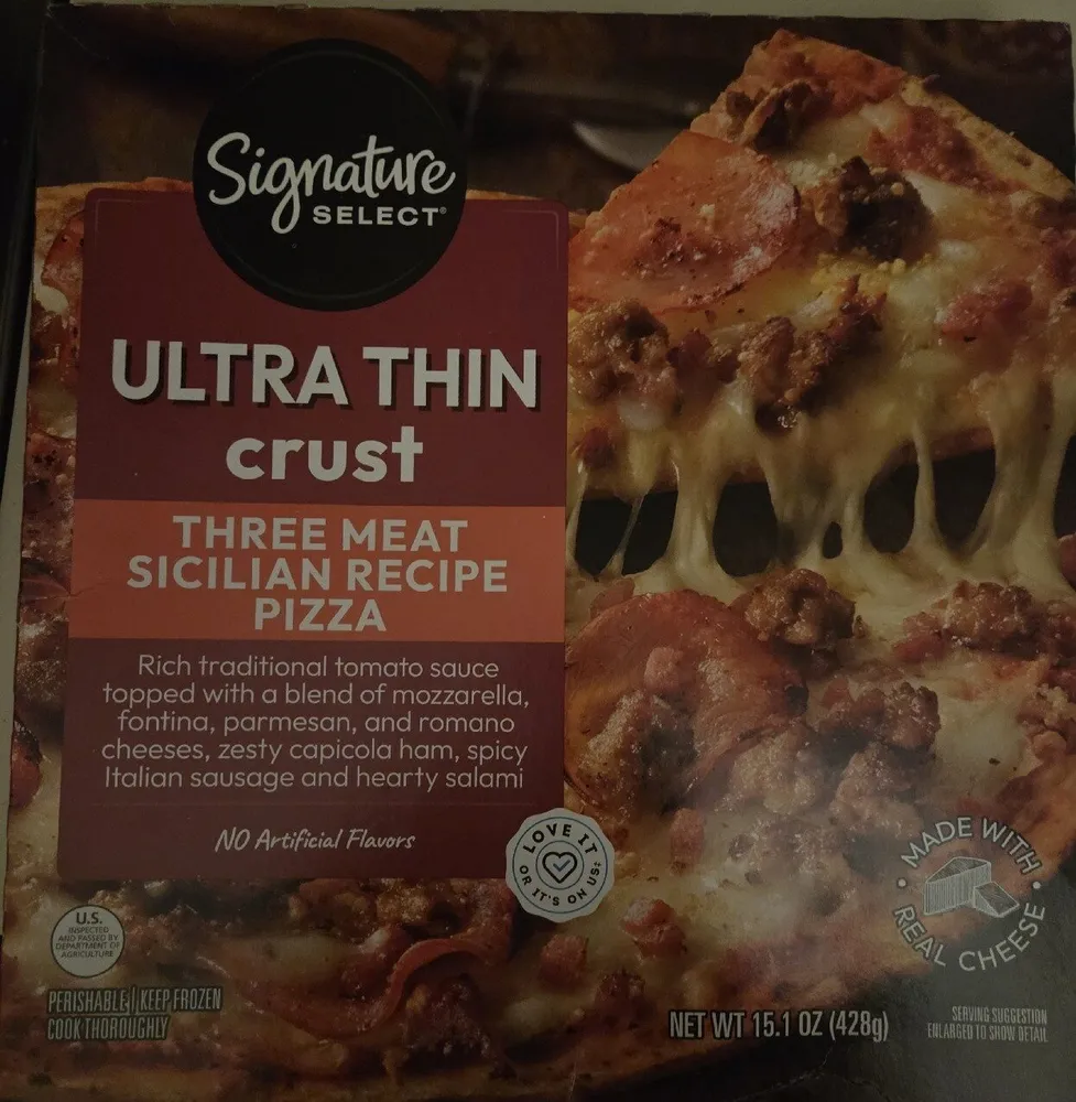 Ultra thin crust three meat sicilian recipe rich traditional tomato sauce topped with a blend of mozzarella, fontina, parmesan, and romano cheeses, zesty capicola ham, spicy italian sausage and hearty salami pizza