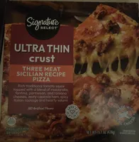Ultra thin crust three meat sicilian recipe rich traditional tomato sauce topped with a blend of mozzarella, fontina, parmesan, and romano cheeses, zesty capicola ham, spicy italian sausage and hearty salami pizza