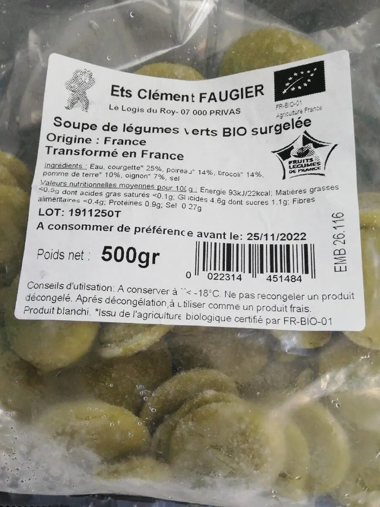 Soupe de légumes vert bio surgelée