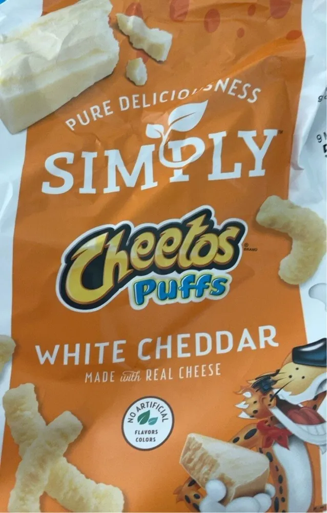 Simply white cheddar cheese flavored snacks puffs