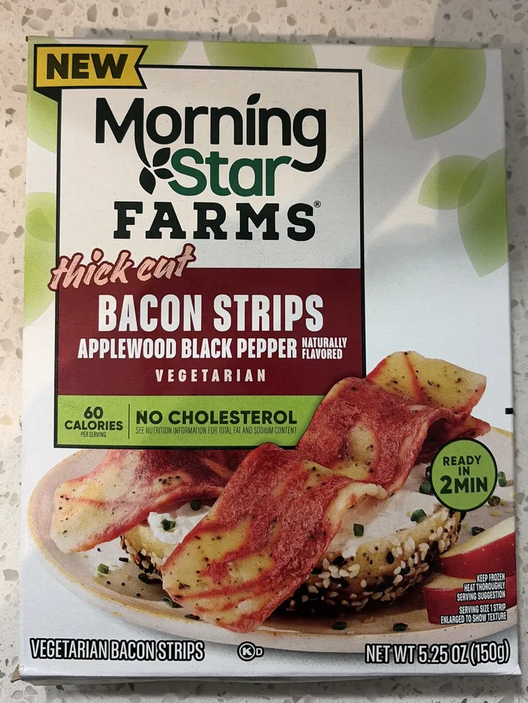 Thick cut vegetarian bacon strips, applewood black pepper