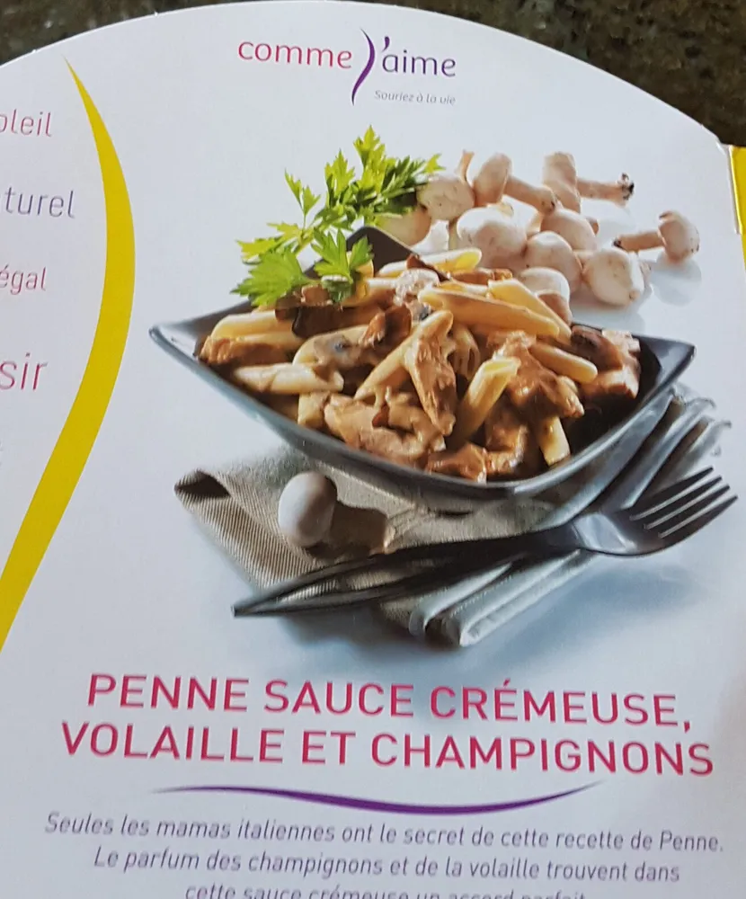 Penne sauce crémeuse volaille et champignons