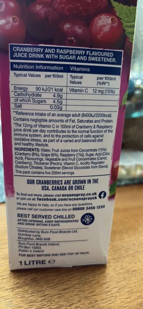 Cranberry and Raspberry Flavoured Juice Drink with Sugar and Sweetener
