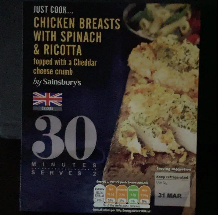 CHICKEN BREASTS WITH SPINACH & RICOTTA TOPPED WITH A CHEDDAR CHEESE CRUMB