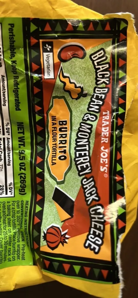 Black Bean & Monterey Jack Cheese Burrito in a Flour Tortilla