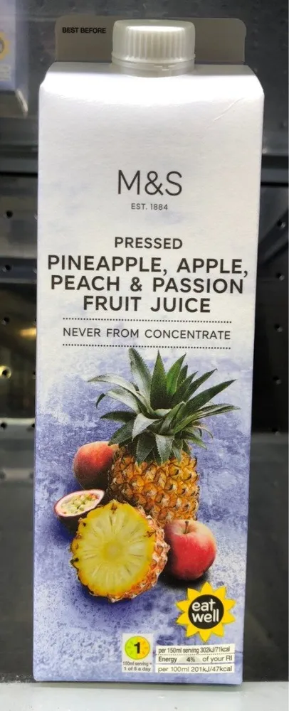 Pressed pinapple, apple, peach & passion fruit juice