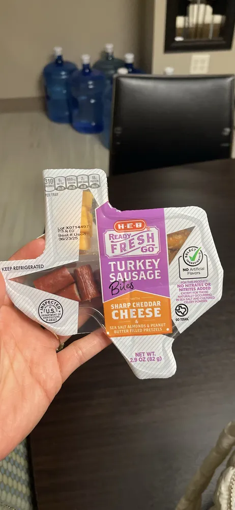 Turkey Sausage Bites with Sharp Cheddar Cheese & Sea Salted Almonds & Peanut Butter Filled Pretzels