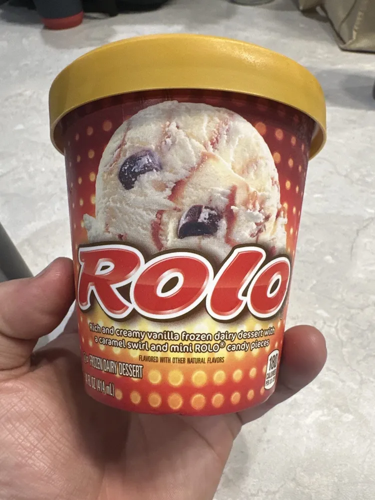 Rolo Rich And Creamy Vanilla Ice Cream With A Caramel Swirl And Mini Rolo Candy Pieces