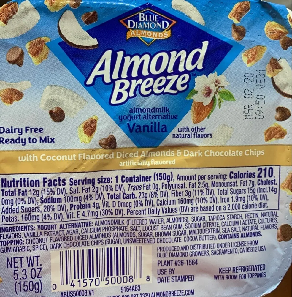 Vanilla almondmilk yogurt alternative with coconut flavored diced almonds & dark chocolate chips, vanilla