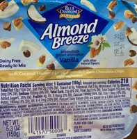 Vanilla almondmilk yogurt alternative with coconut flavored diced almonds & dark chocolate chips, vanilla