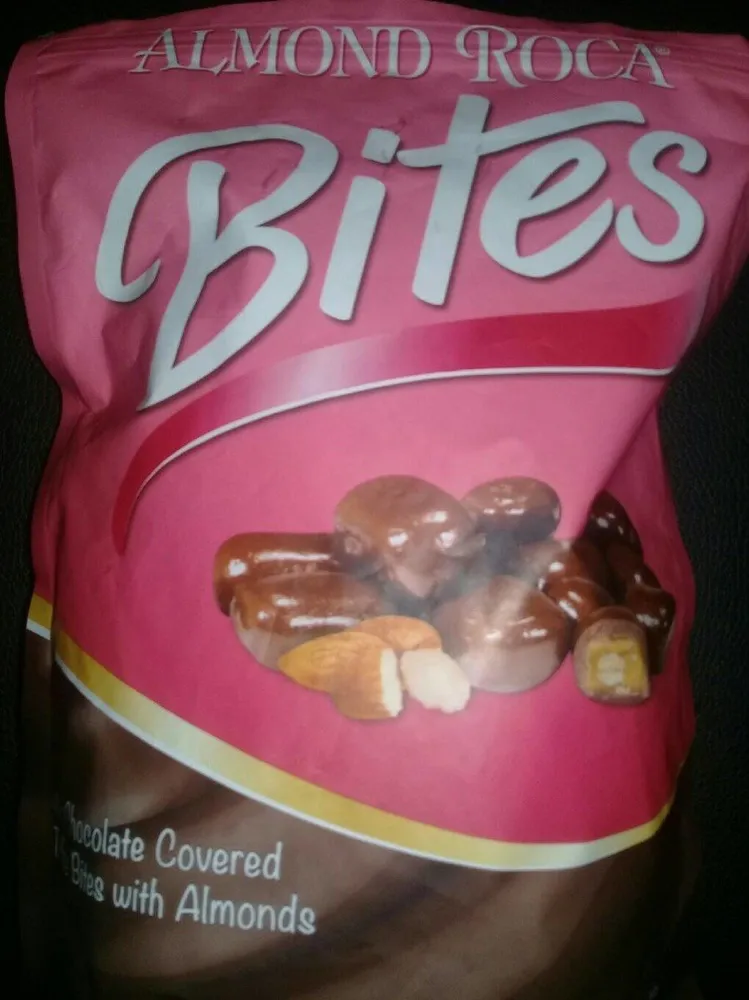 Milk chocolate covered toffee bites with almonds, milk chocolate