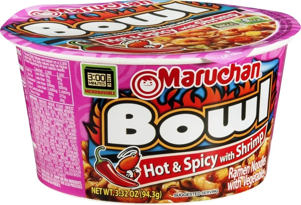 Bowl hot spicy with shrimp flavor ramen noodles