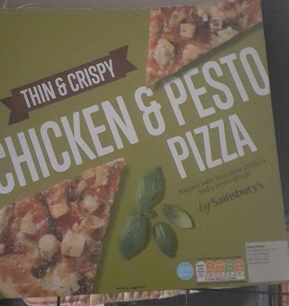 Thin and crispy chicken pesto pizza