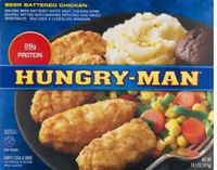 Beer Battered Strip-Shaped White Meat Chicken Patties with Mashed Potatoes, Mixed Vegetables and a Brownie