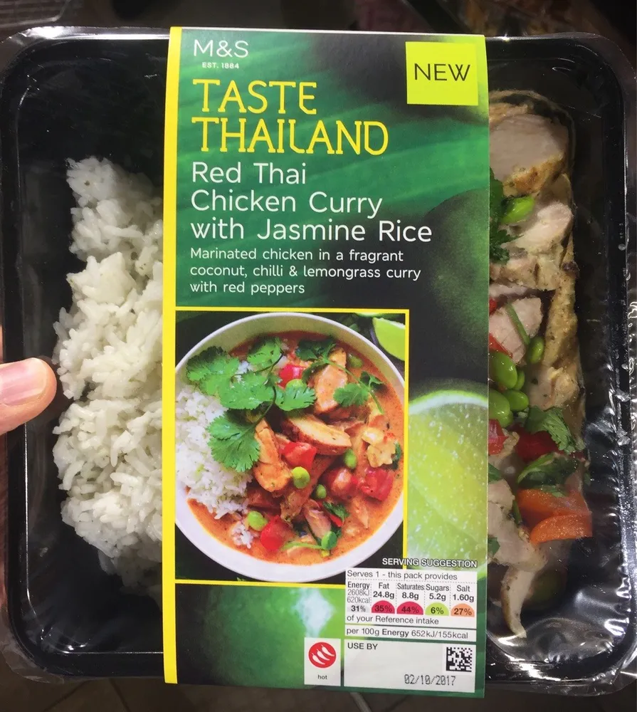 Red thai chicken curry with jasmine rice