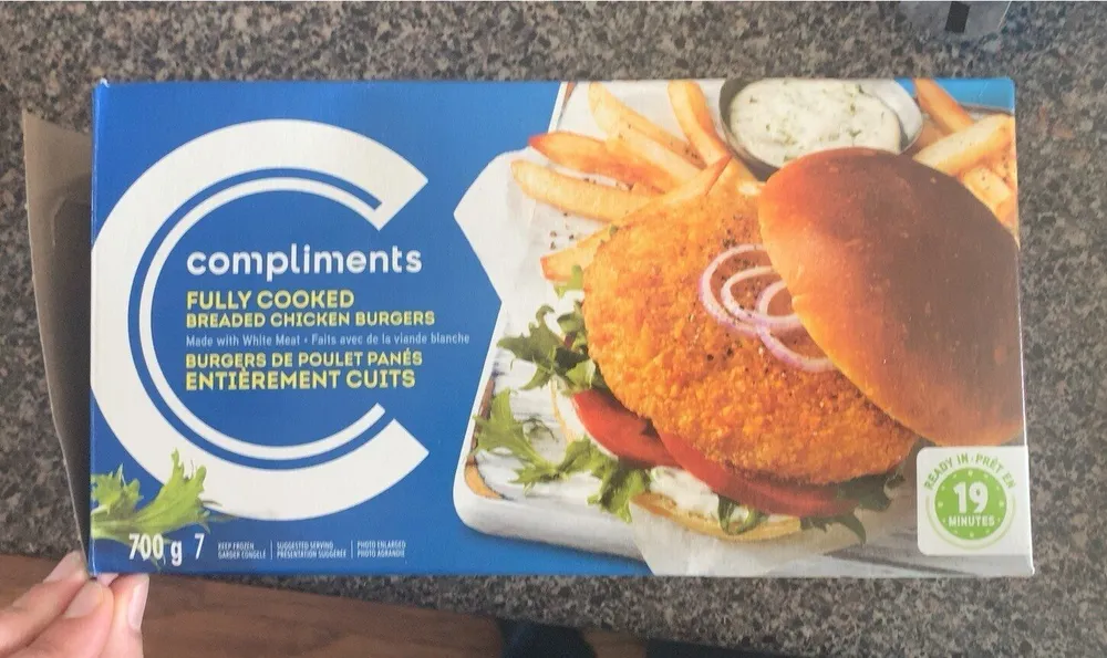 Fully cooked breaded chicken burgers