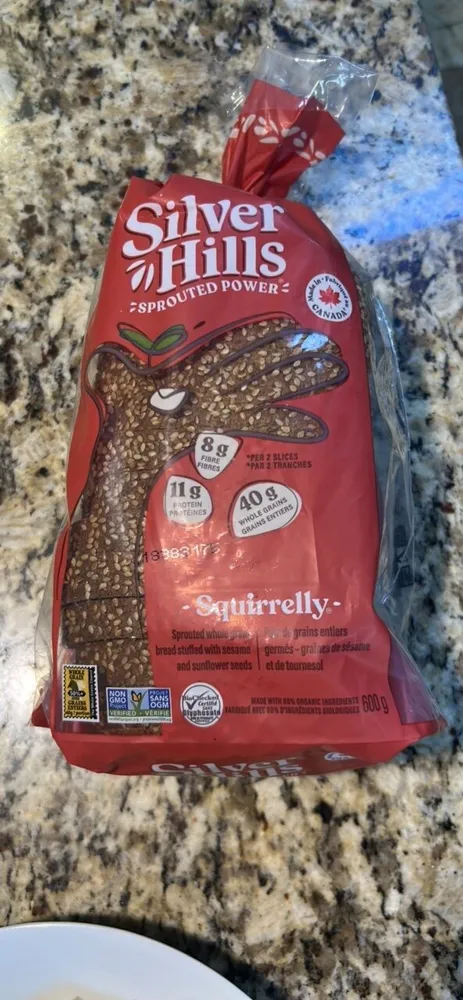 Squirrely Sprouted whole grain bread stuffed with sesame and sunflower seeds