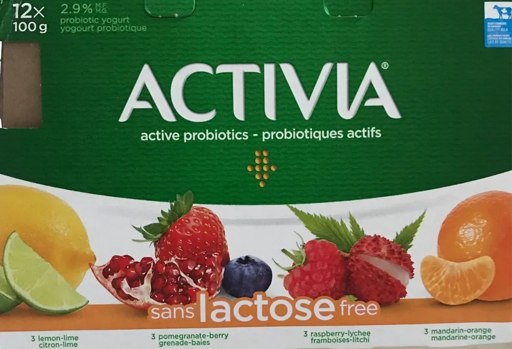 Probiotic yogurt 2.9% lactose free 3 each of Lemon-lime, Pomegranate-berry, Raspberry-lychee, Mandarin-orange