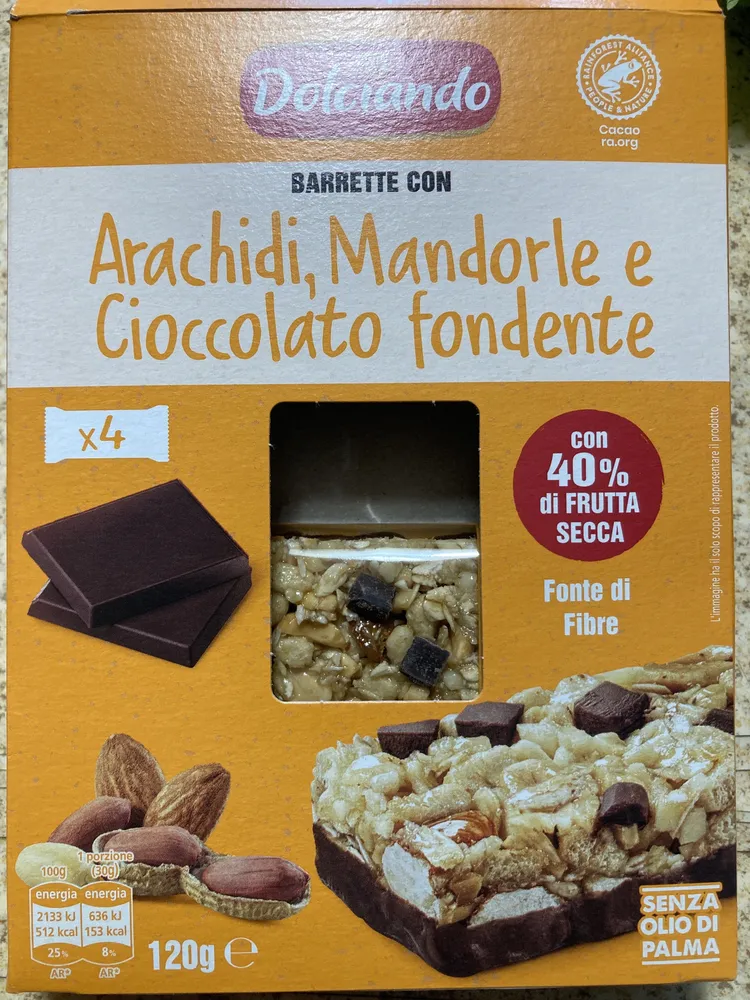 Barrette con arachidi, mandorle e cioccolato fondente