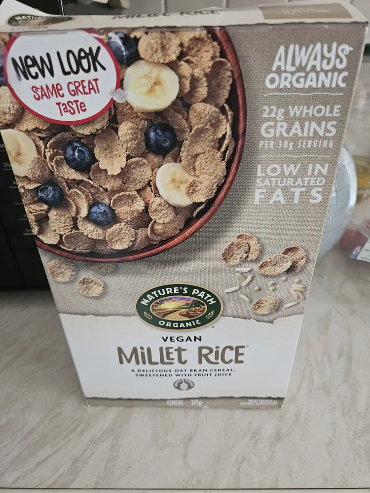 Nature's path, fruit juice sweetened millet rice cereal with oatbran