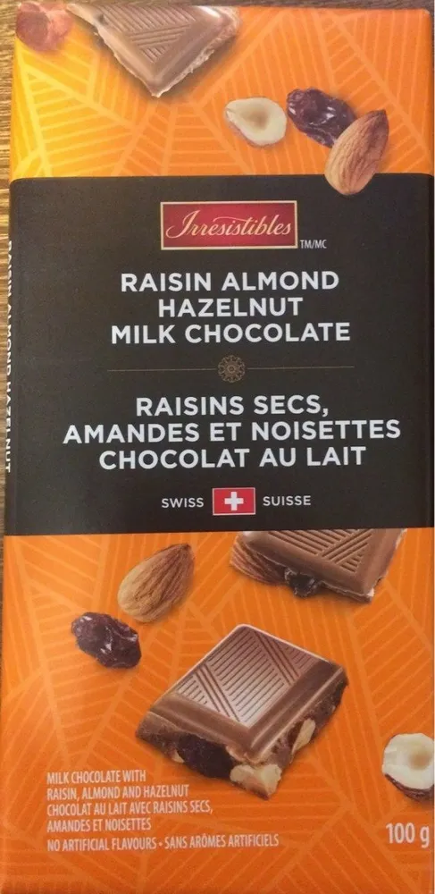 Raisins secs, amandes et noisettes chocolat au lait