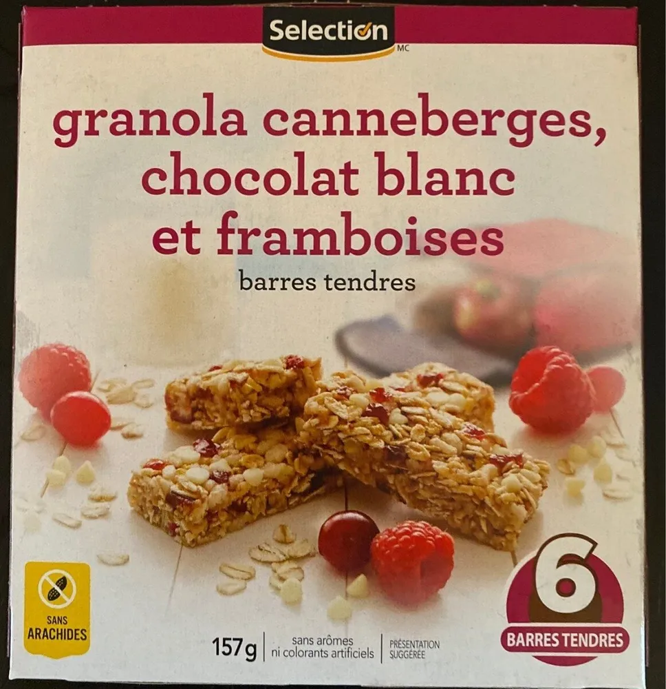 Granola canneberg chocolat blanc et framboises