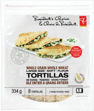 Whole grain whole wheat large size tortillas