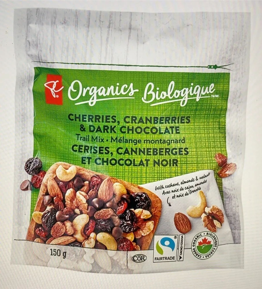 Cherries cranberries & dark chocolate trail mix