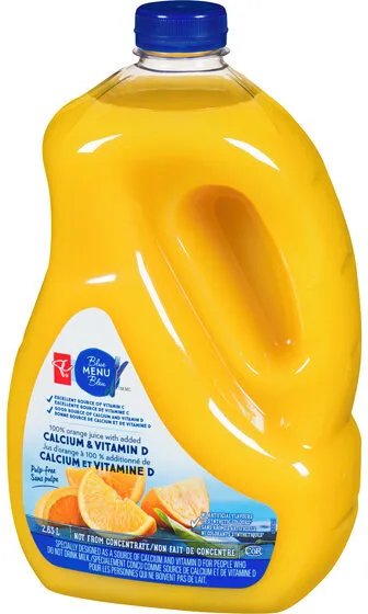 Jus d'orange à 100 % sans pulpe avec calcium et vitamine D ajoutés PC Menu bleu