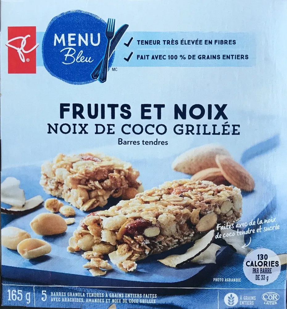 Barres tendres, fruits et noix, noux de coco grillée