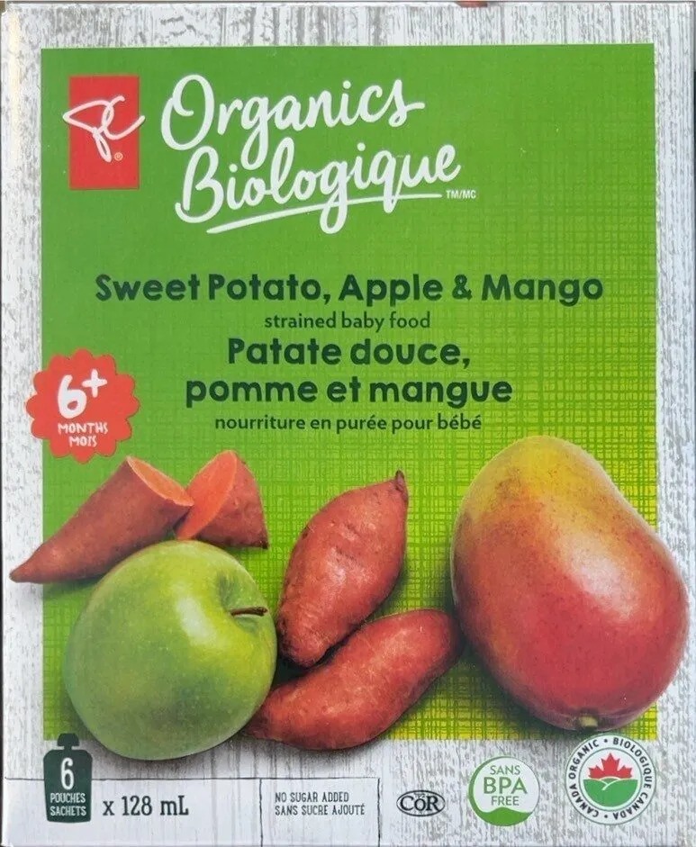 Nourriture en purée pour bébé, patate douce, pomme et mangue