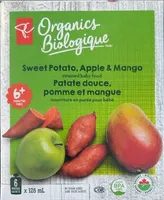 Nourriture en purée pour bébé, patate douce, pomme et mangue