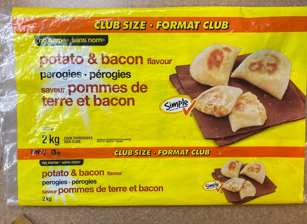 Potato & Bacon Flavour Perogies. Keep Frozen, Cook thoroughly.