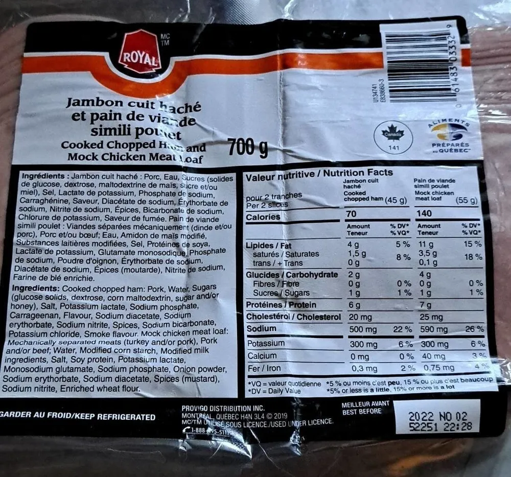 Jambon cuit haché et pain de viande simili poulet