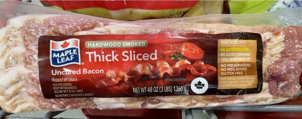 Hard wood smoked thick sliced uncered bacon