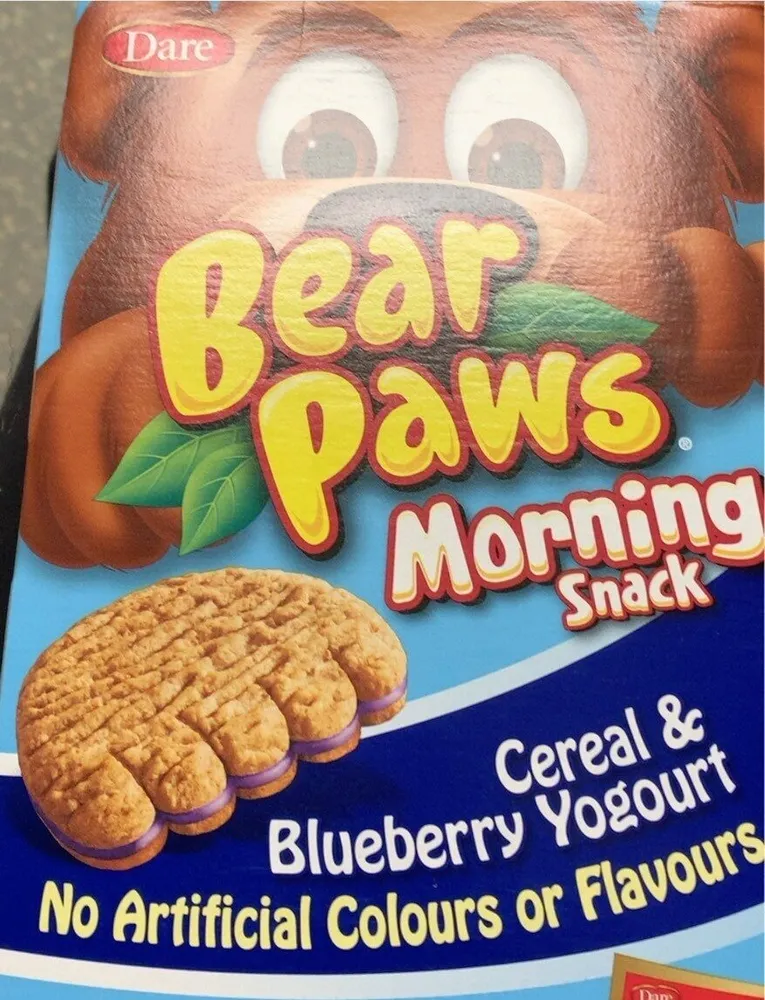 Bear paws morning snack cereal and blueberry yogurt
