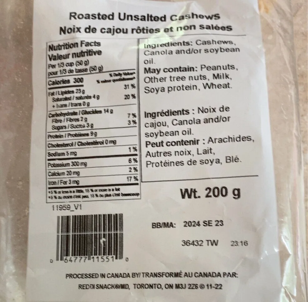 Roasted unsalted cashews