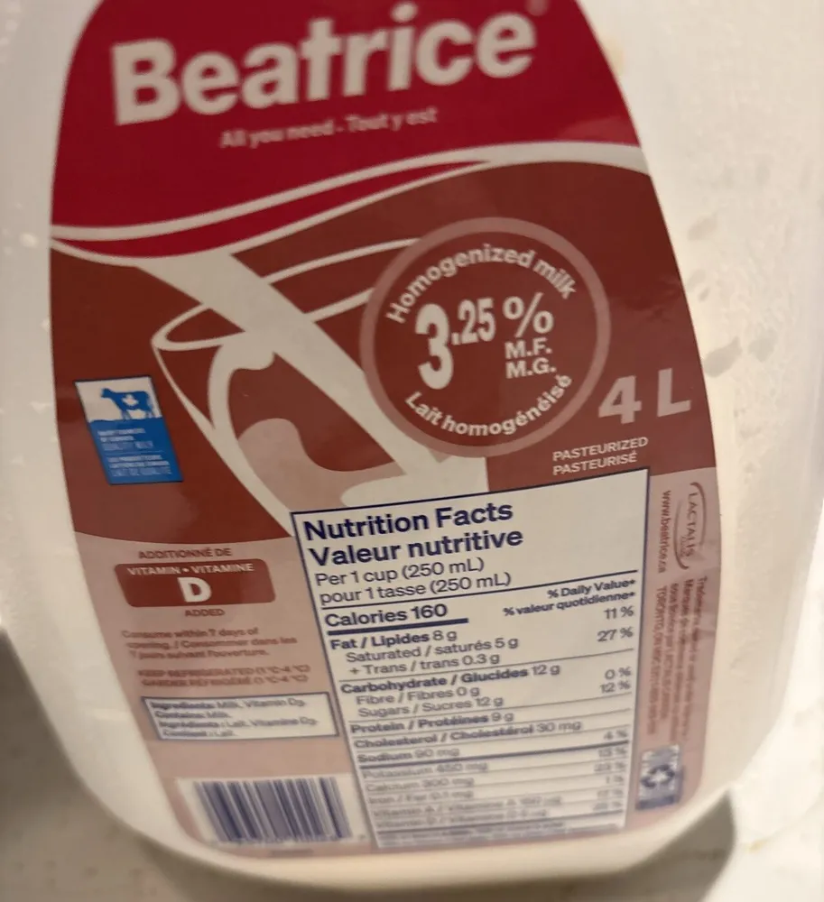 Homogenized milk 3.25% M.F.