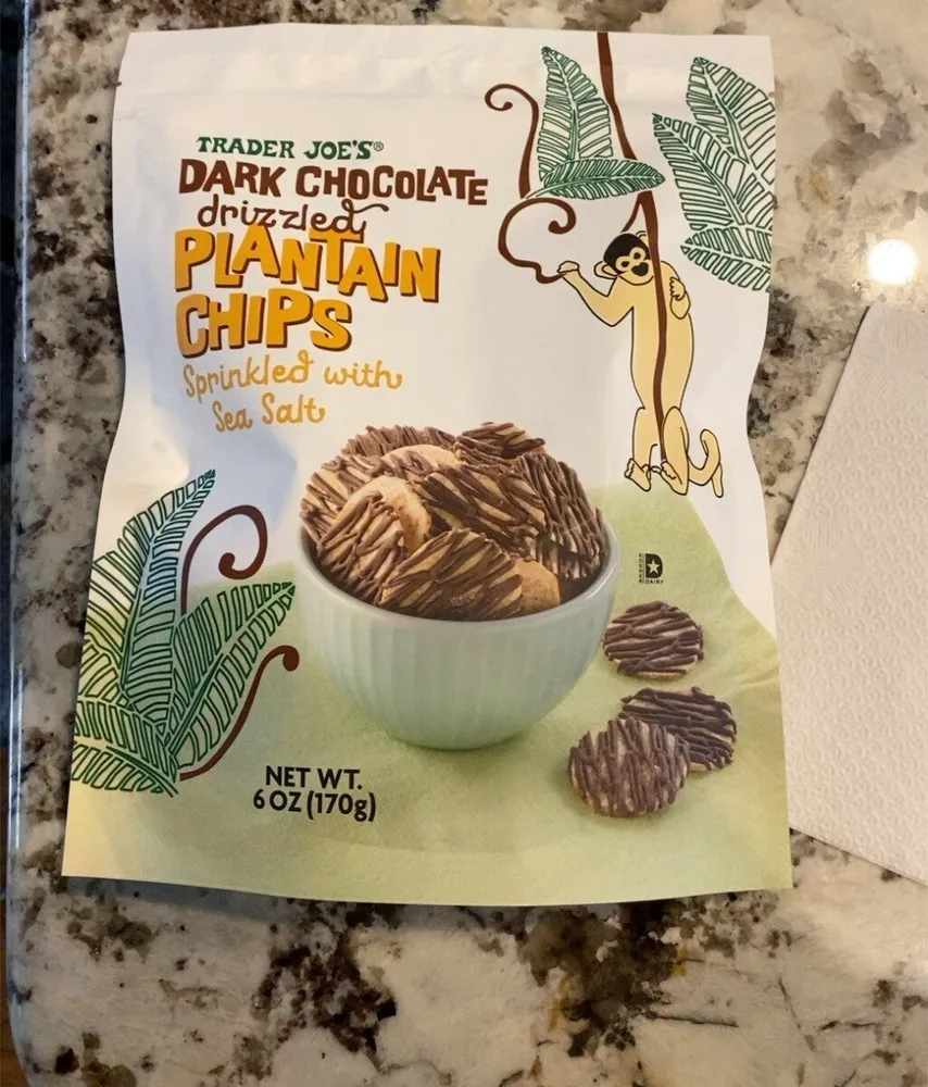 Dark chocolate drizzled plantain chips sprinkled with sea salt