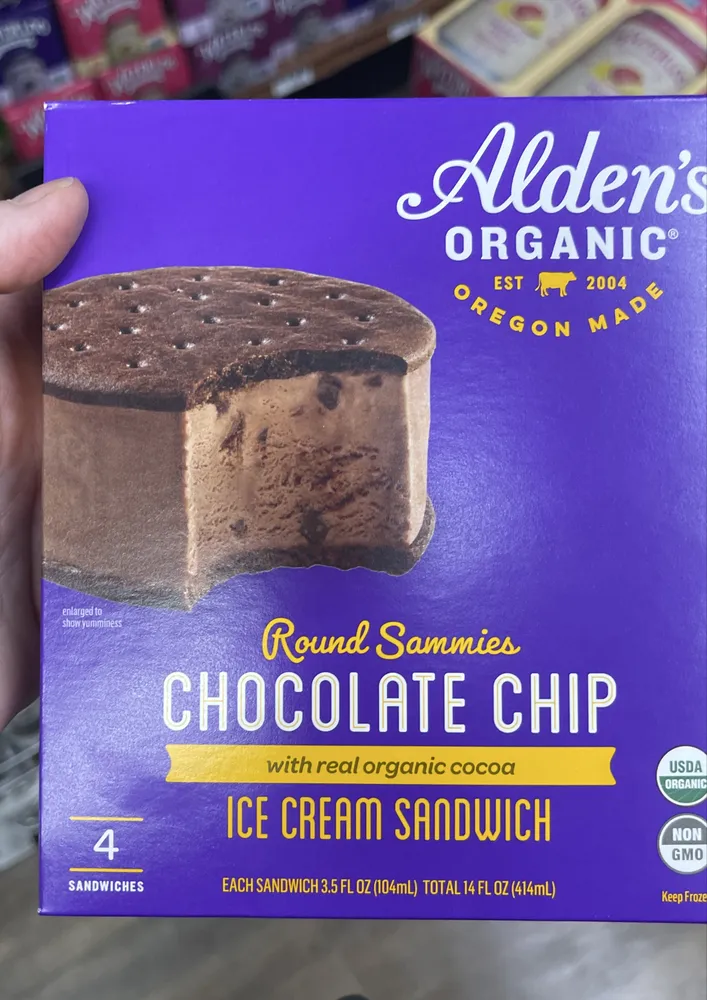 Alden's organic chocolate chip ice cream sandwich