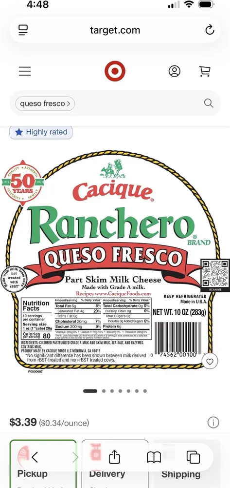 Ranchero Queso Fresco Part Skim Milk Cheese