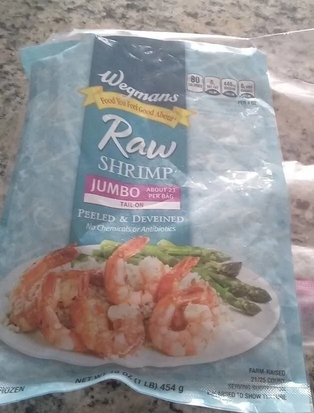 Raw shrimp jumbo tail on peeled and deveined