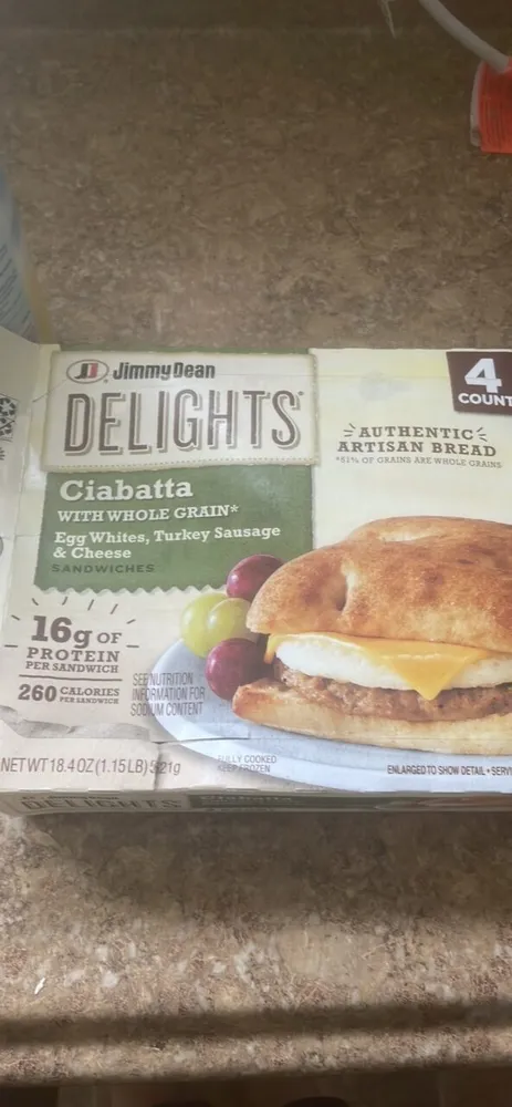Ciabatta with whole grain Egg Whites, Turkey Sausage & Cheese Sandwiches