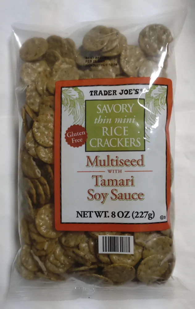 Savory thin mini rice crackers Multiseed with Tamari Soy Sauce