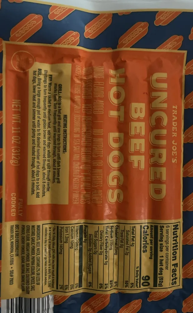 Uncured beef hotdog