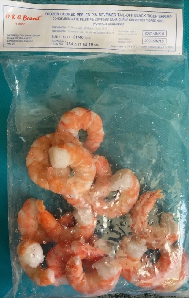 Frozen cooked peeled pin-deveined tail-off black tiger shrimp